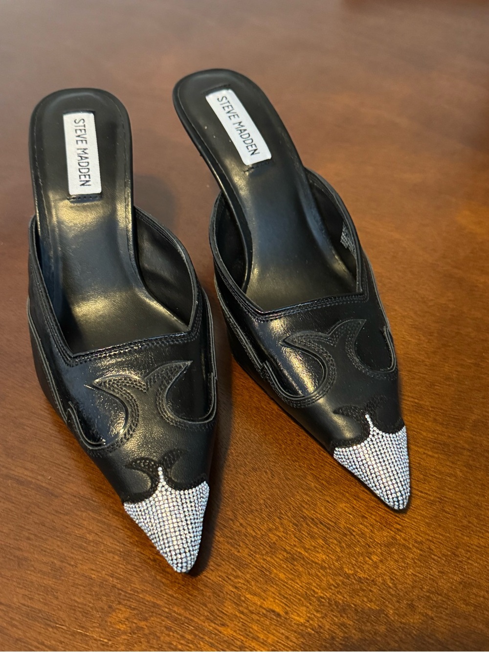 Steve Madden Black Pointed Mule with Rhinestone Toe - Size 9 (fits small)